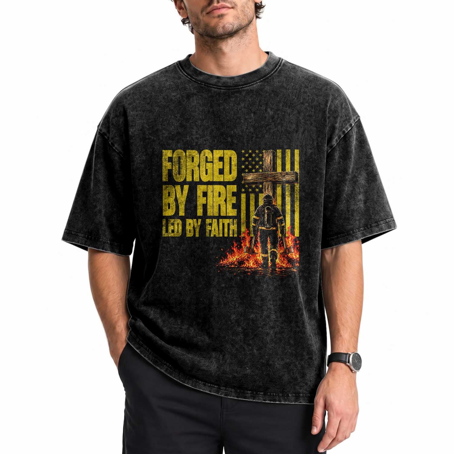 Patriotic Christian Firefighter Washed Cotton T-Shirt Forged By Fire Led By Faith Cross American Flag
