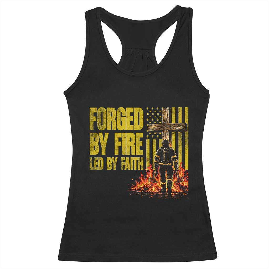 Patriotic Christian Firefighter Racerback Tank Top Forged By Fire Led By Faith Cross American Flag