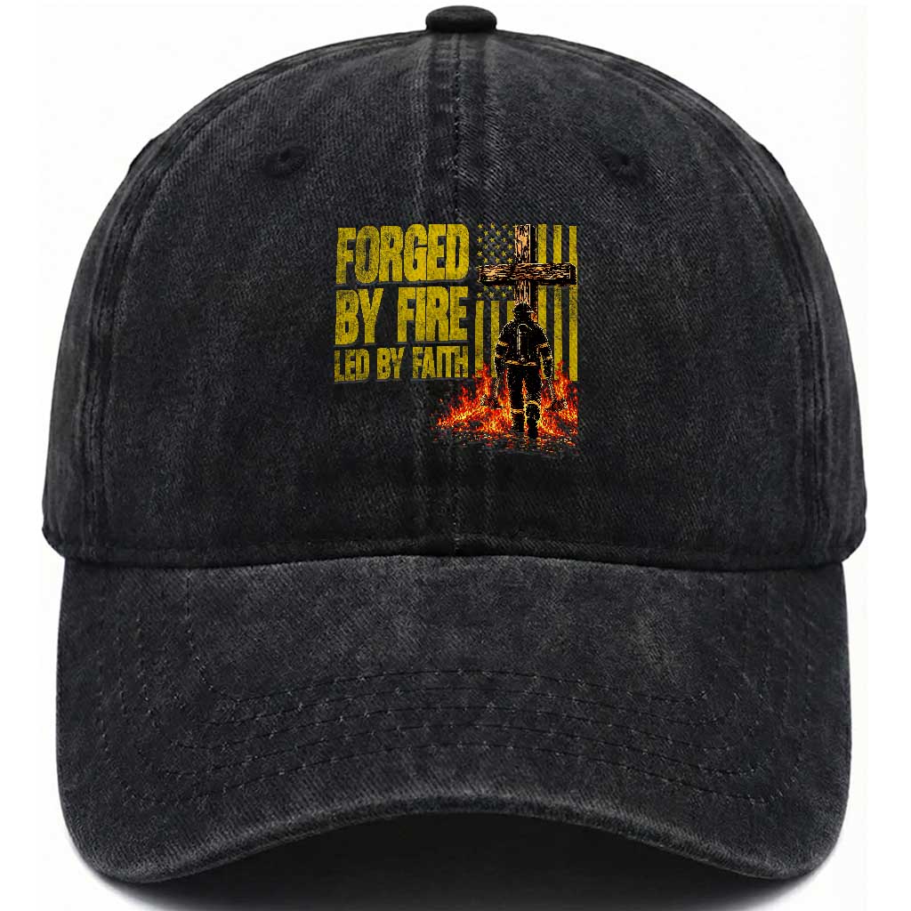 Patriotic Christian Firefighter Washed Cotton Baseball Cap Forged By Fire Led By Faith Cross American Flag