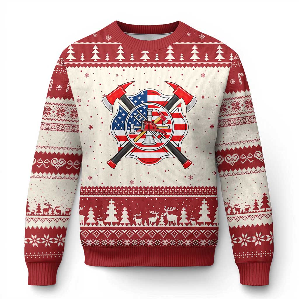 Patriotic Firefighter Maltese Cross Ugly Christmas Sweater American Flag USA First Responder