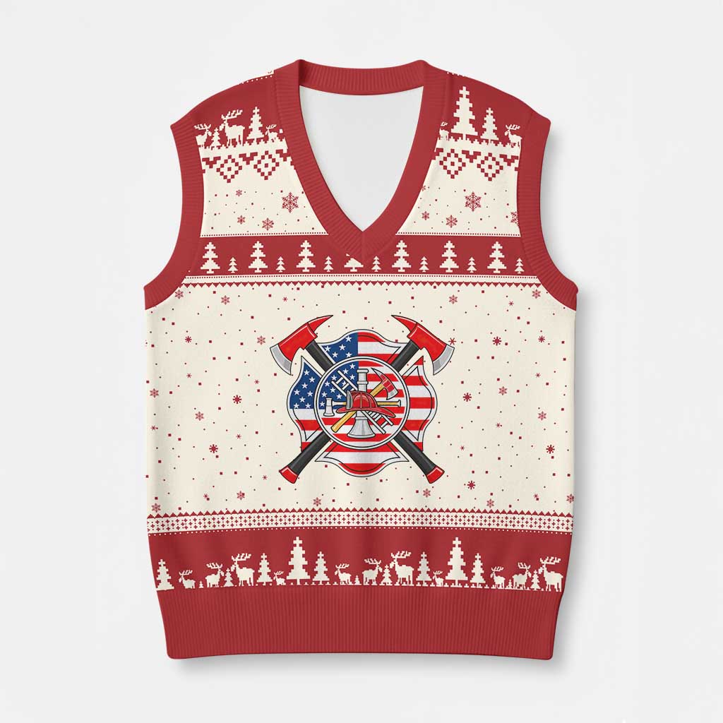 Patriotic Firefighter Maltese Cross V-Neck Knit Sweater Vest American Flag USA First Responder