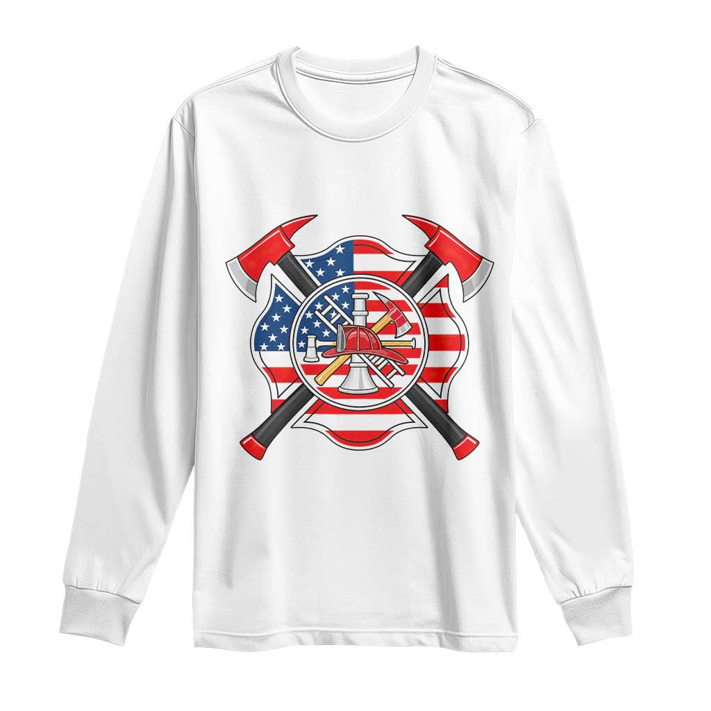 Patriotic Firefighter Maltese Cross Long Sleeve Shirt American Flag USA First Responder