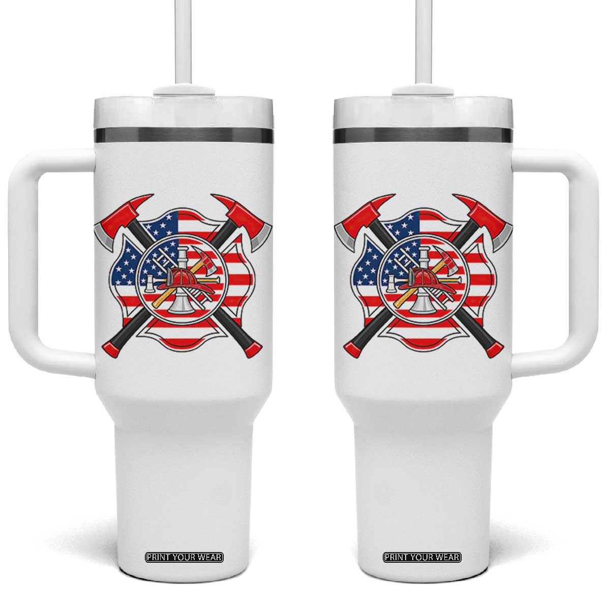 Patriotic Firefighter Maltese Cross Tumbler With Handle American Flag USA First Responder