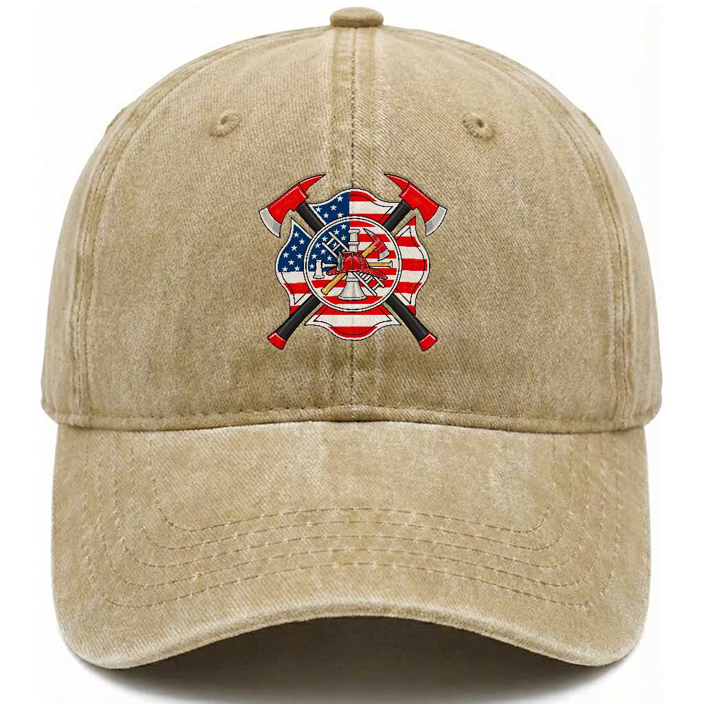 Patriotic Firefighter Maltese Cross Washed Cotton Baseball Cap American Flag USA First Responder