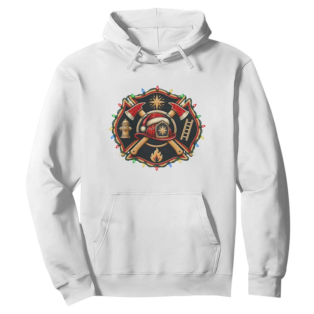 Christmas Firefighter Maltese Cross Hoodie Festive Lights First Responder Holiday Gift
