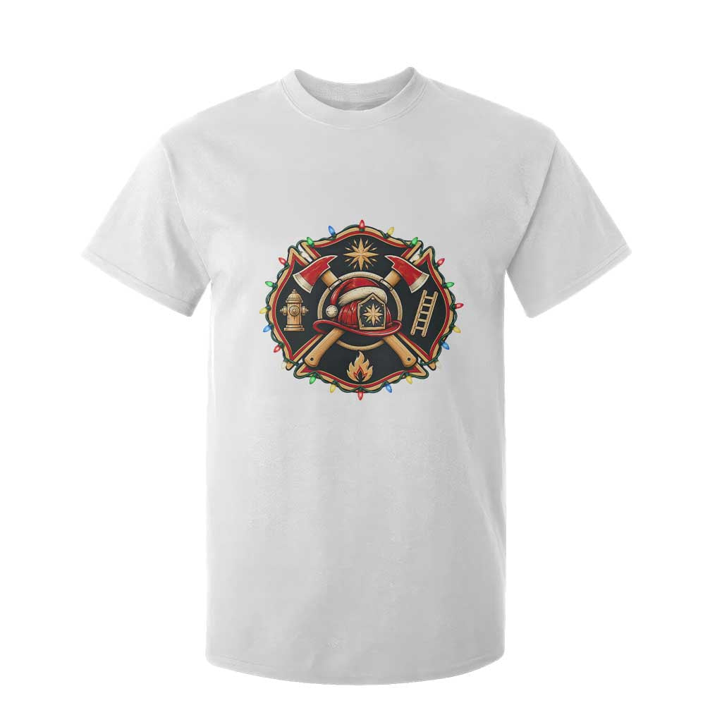 Christmas Firefighter Maltese Cross T Shirt For Kid Festive Lights First Responder Holiday Gift