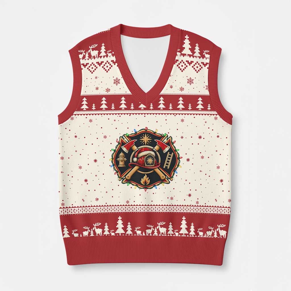 Christmas Firefighter Maltese Cross V-Neck Knit Sweater Vest Festive Lights First Responder Holiday Gift