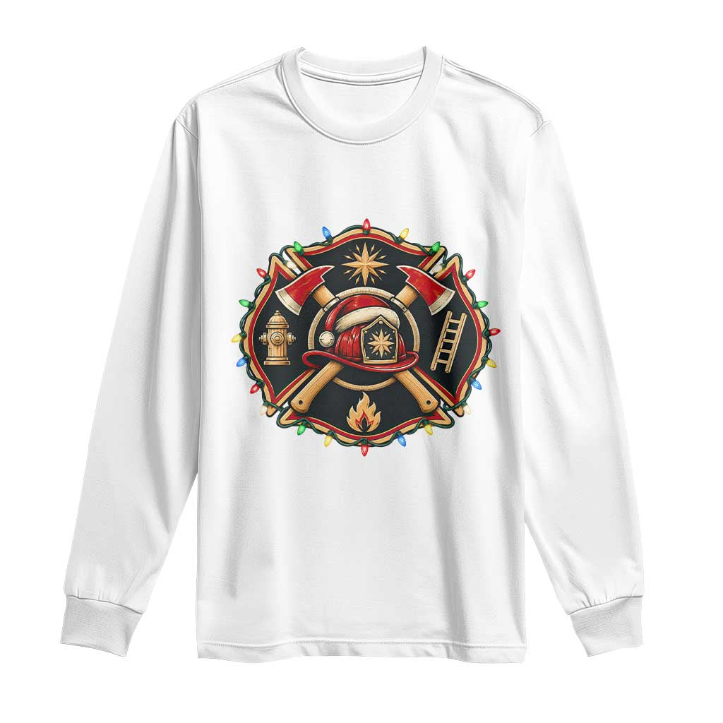 Christmas Firefighter Maltese Cross Long Sleeve Shirt Festive Lights First Responder Holiday Gift