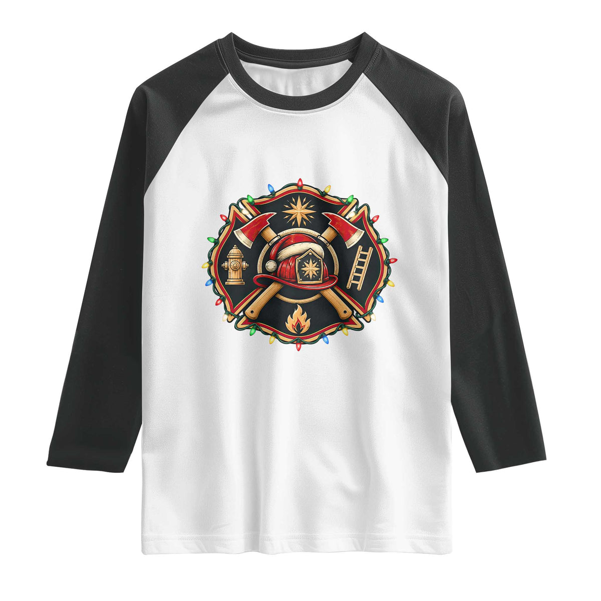 Christmas Firefighter Maltese Cross Raglan Shirt Festive Lights First Responder Holiday Gift