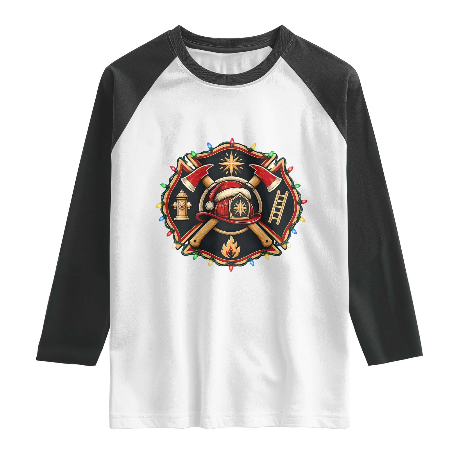 Christmas Firefighter Maltese Cross Raglan Shirt Festive Lights First Responder Holiday Gift