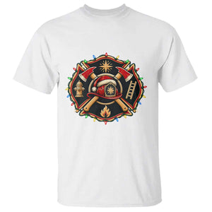 Christmas Firefighter Maltese Cross T Shirt Festive Lights First Responder Holiday Gift