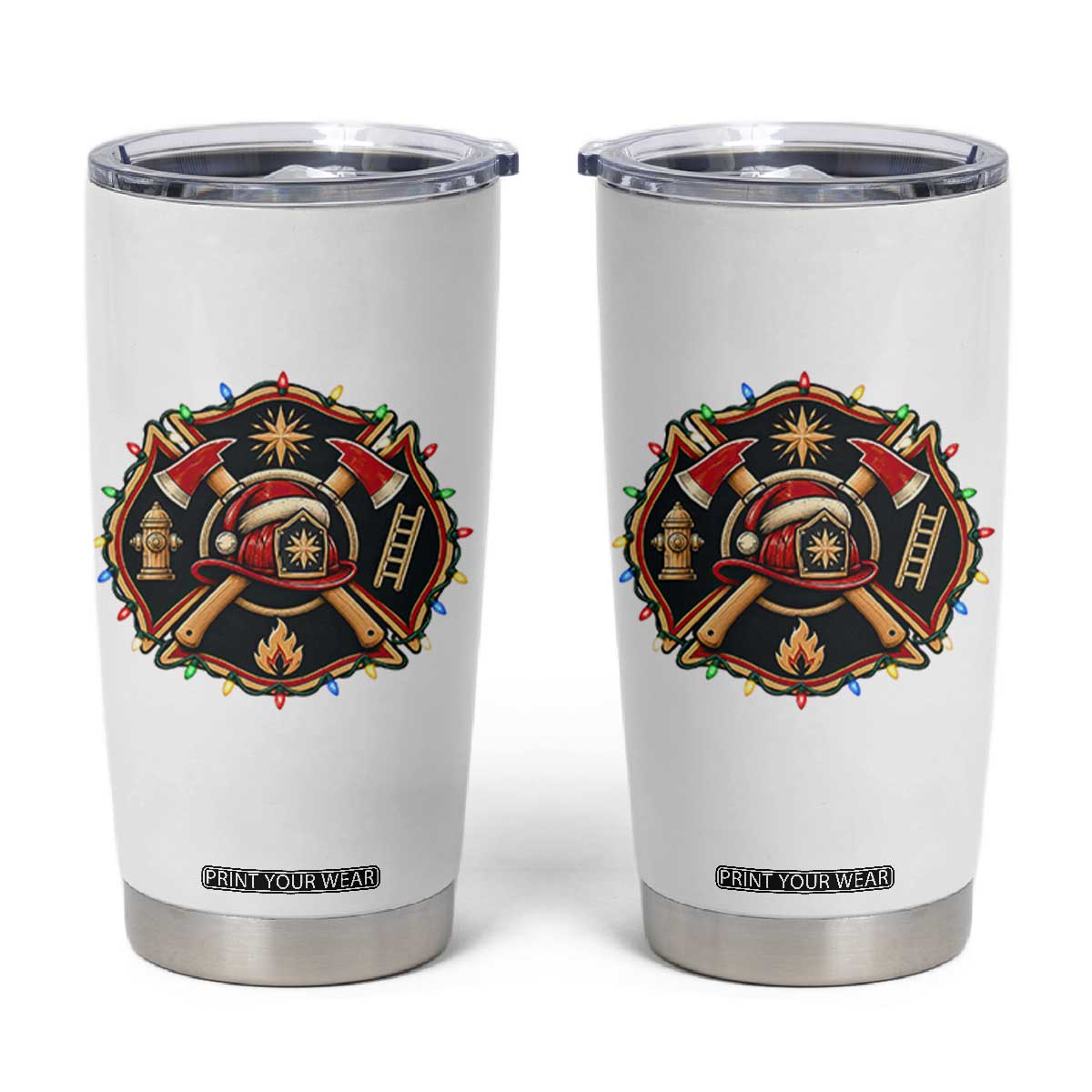 Christmas Firefighter Maltese Cross Tumbler Cup Festive Lights First Responder Holiday Gift