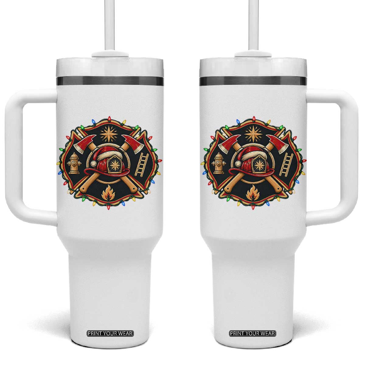 Christmas Firefighter Maltese Cross Tumbler With Handle Festive Lights First Responder Holiday Gift