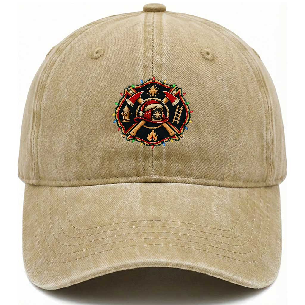 Christmas Firefighter Maltese Cross Washed Cotton Baseball Cap Festive Lights First Responder Holiday Gift