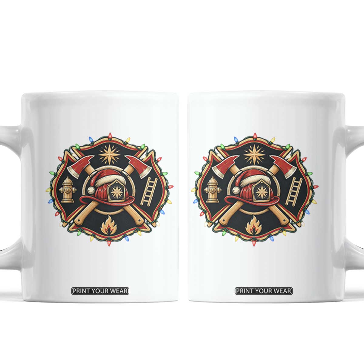 Christmas Firefighter Maltese Cross Coffee Mug Festive Lights First Responder Holiday Gift