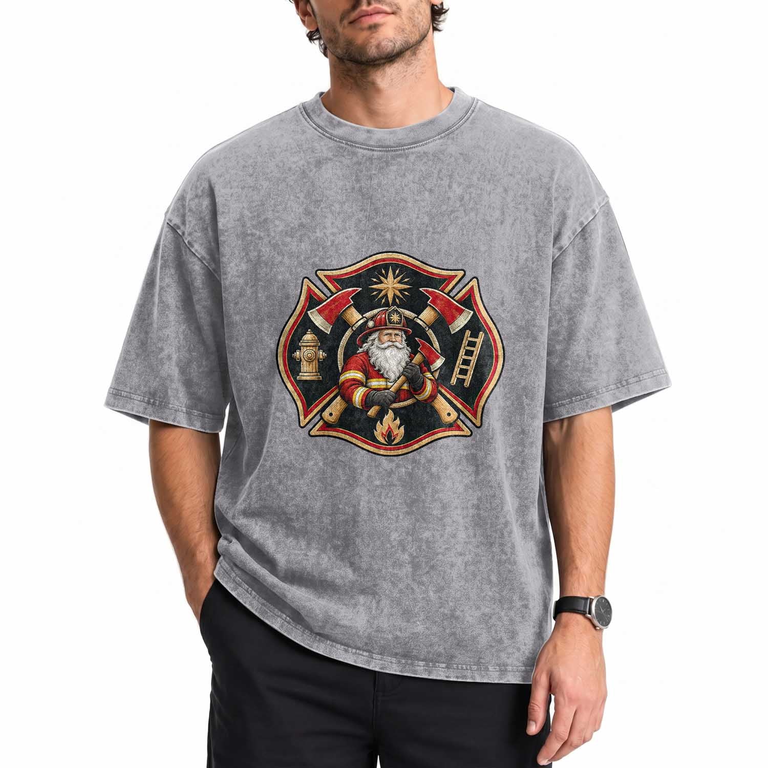 Santa Firefighter Christmas Maltese Cross Washed Cotton T-Shirt Festive Lights First Responder Holiday Gift