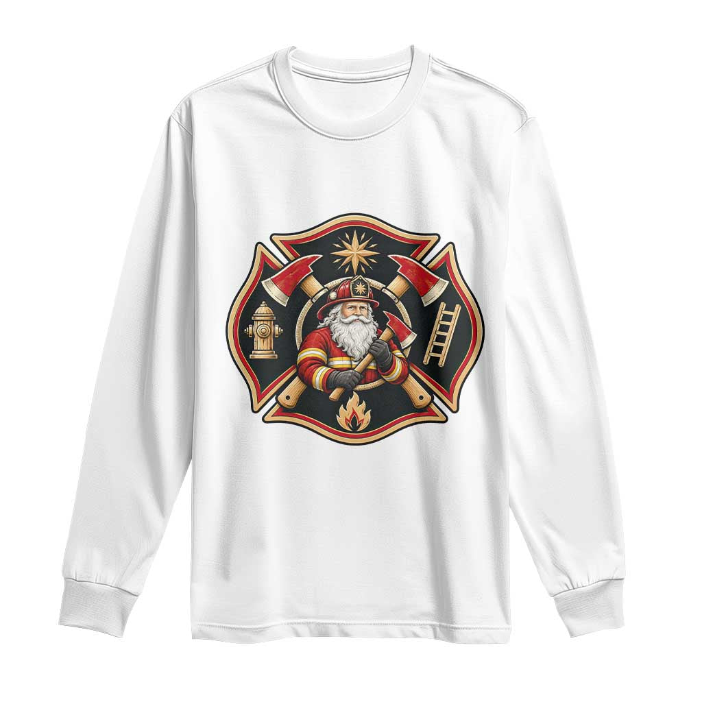 Santa Firefighter Christmas Maltese Cross Long Sleeve Shirt Festive Lights First Responder Holiday Gift