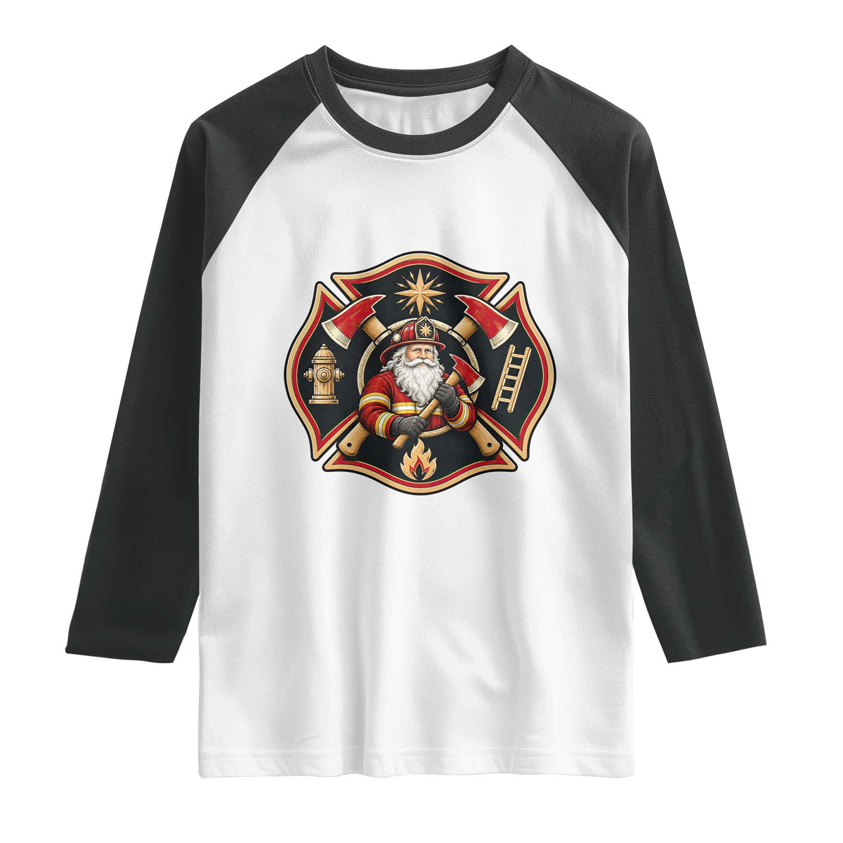 Santa Firefighter Christmas Maltese Cross Raglan Shirt Festive Lights First Responder Holiday Gift
