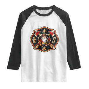 Santa Firefighter Christmas Maltese Cross Raglan Shirt Festive Lights First Responder Holiday Gift