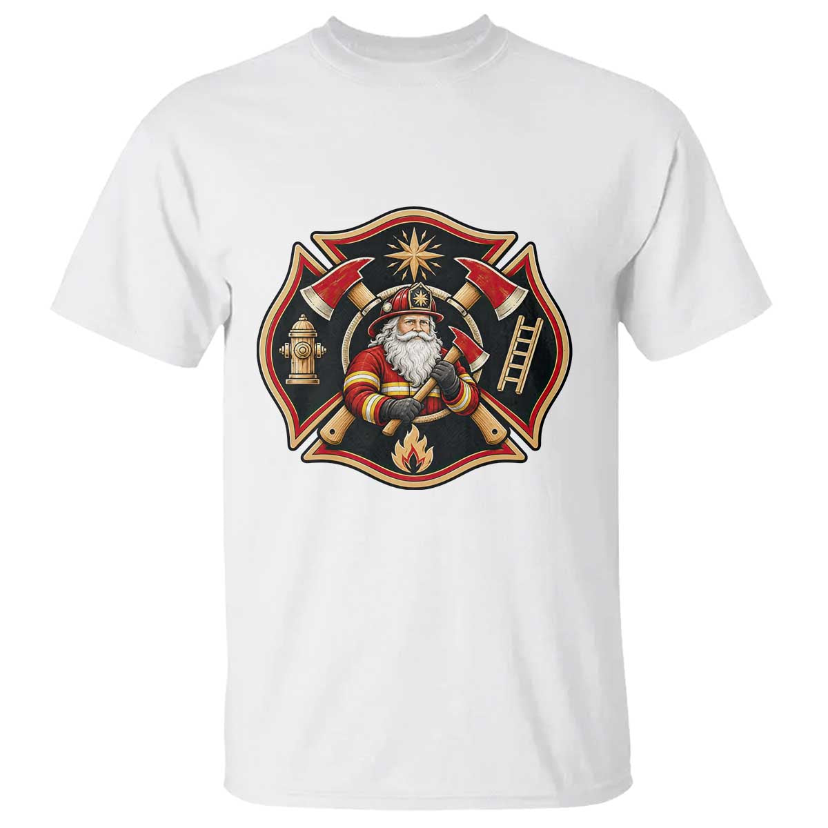 Santa Firefighter Christmas Maltese Cross T Shirt Festive Lights First Responder Holiday Gift