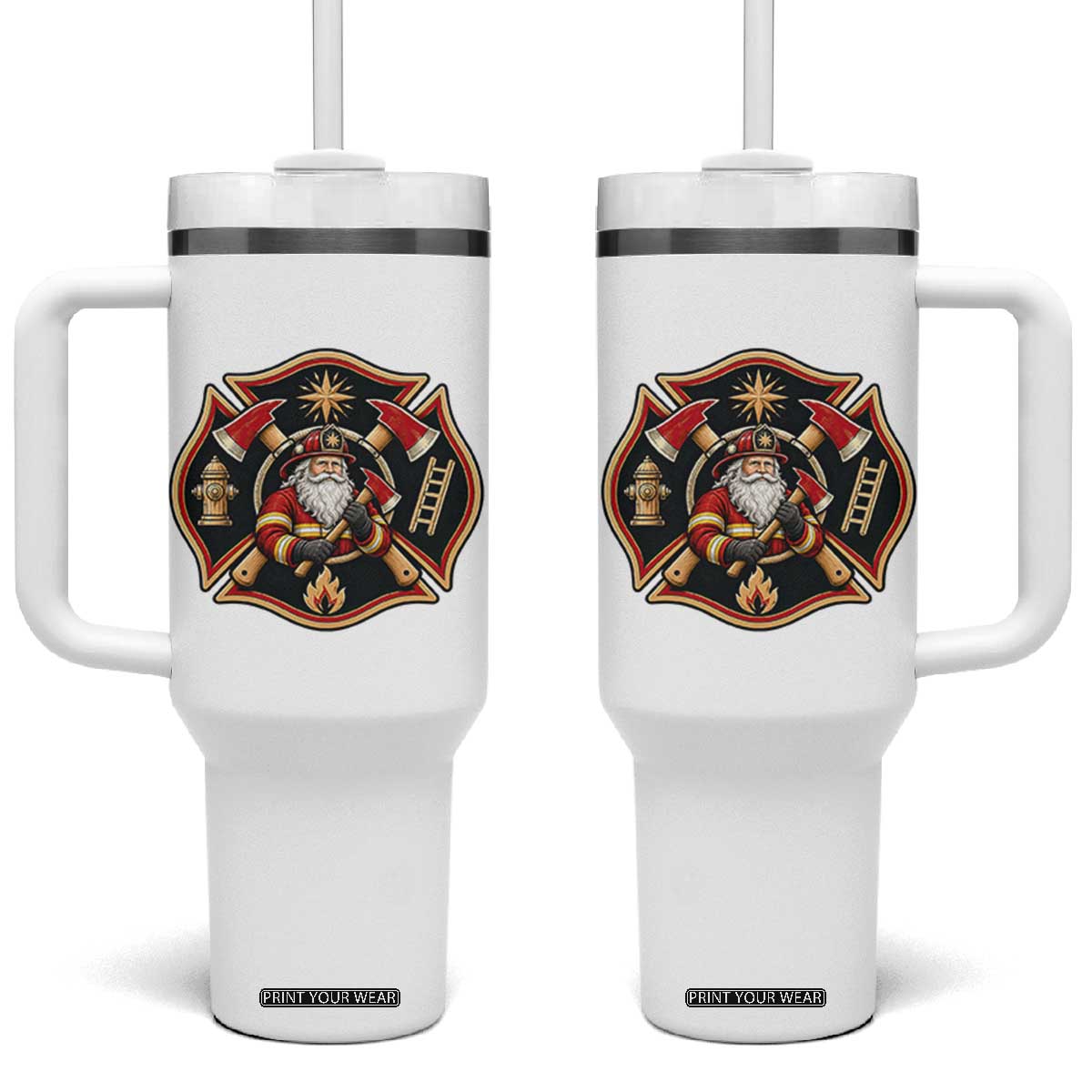 Santa Firefighter Christmas Maltese Cross Tumbler With Handle Festive Lights First Responder Holiday Gift