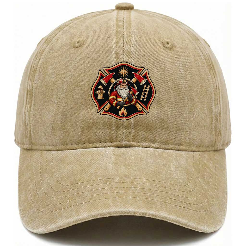 Santa Firefighter Christmas Maltese Cross Washed Cotton Baseball Cap Festive Lights First Responder Holiday Gift