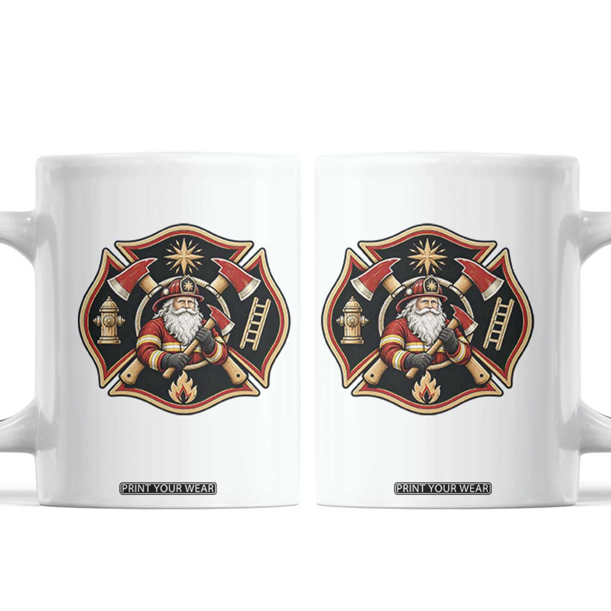 Santa Firefighter Christmas Maltese Cross Coffee Mug Festive Lights First Responder Holiday Gift