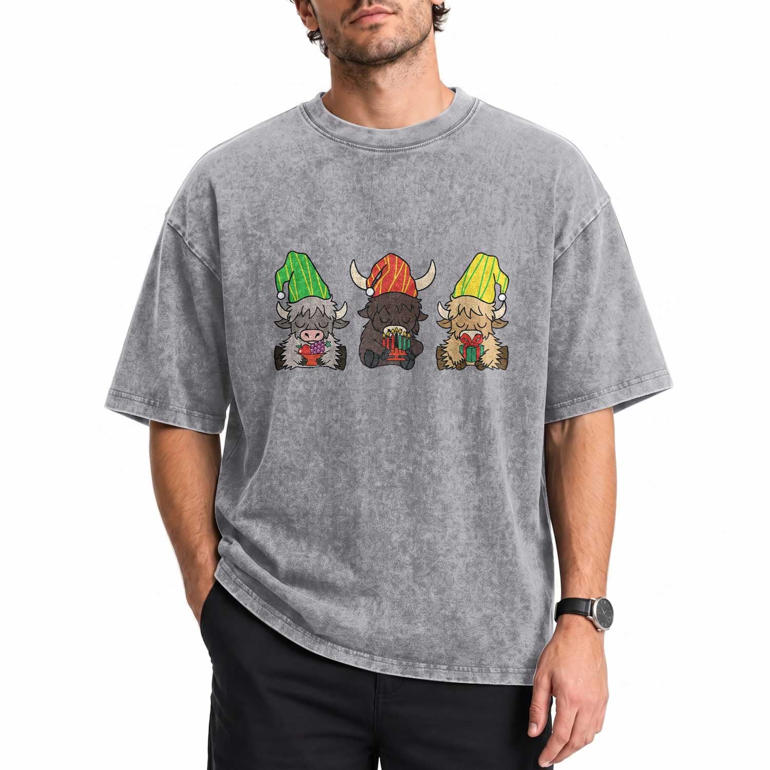 Funny Highland Cow With Kinara And Presents Cultural Pride Gift Washed Cotton T-Shirt