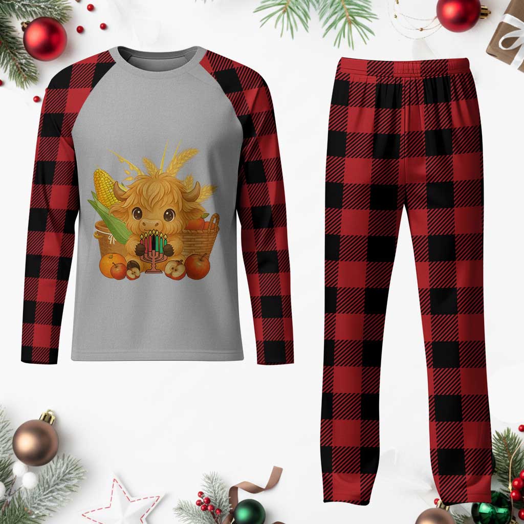 Cute Highland Cow With Kwanzaa Kinara And Presents Plaid Pajama Set African Heritage Gift TS12 Buffalo Plaid Print Your Wear