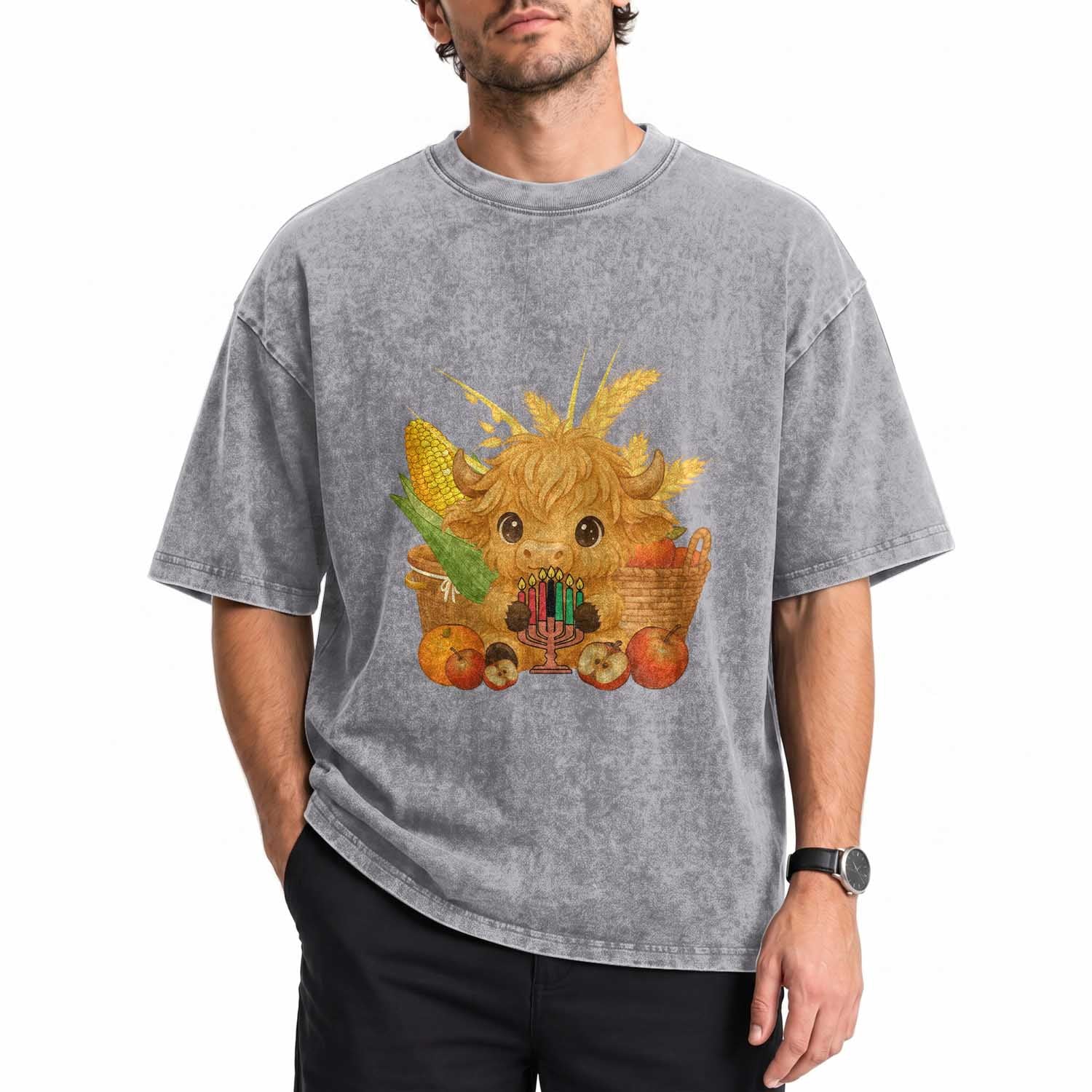 Cute Highland Cow With Kwanzaa Kinara And Presents Washed Cotton T-Shirt African Heritage Gift
