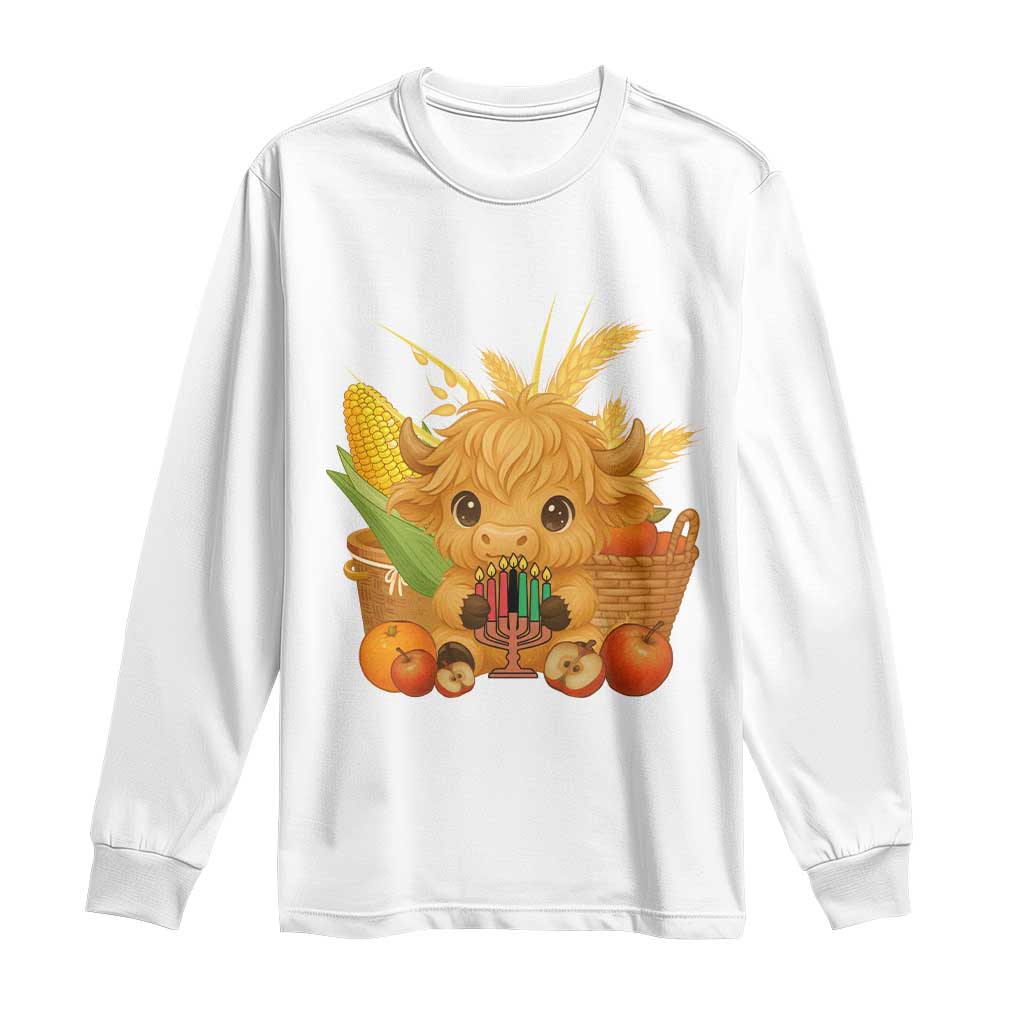 Cute Highland Cow With Kwanzaa Kinara And Presents Long Sleeve Shirt African Heritage Gift TS12 White Print Your Wear