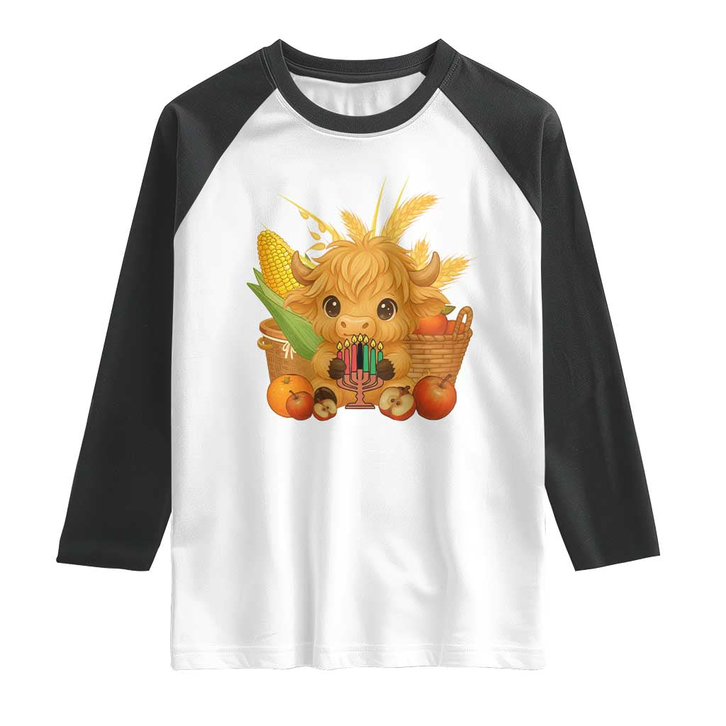 Cute Highland Cow With Kwanzaa Kinara And Presents Raglan Shirt African Heritage Gift TS12 White Black Print Your Wear