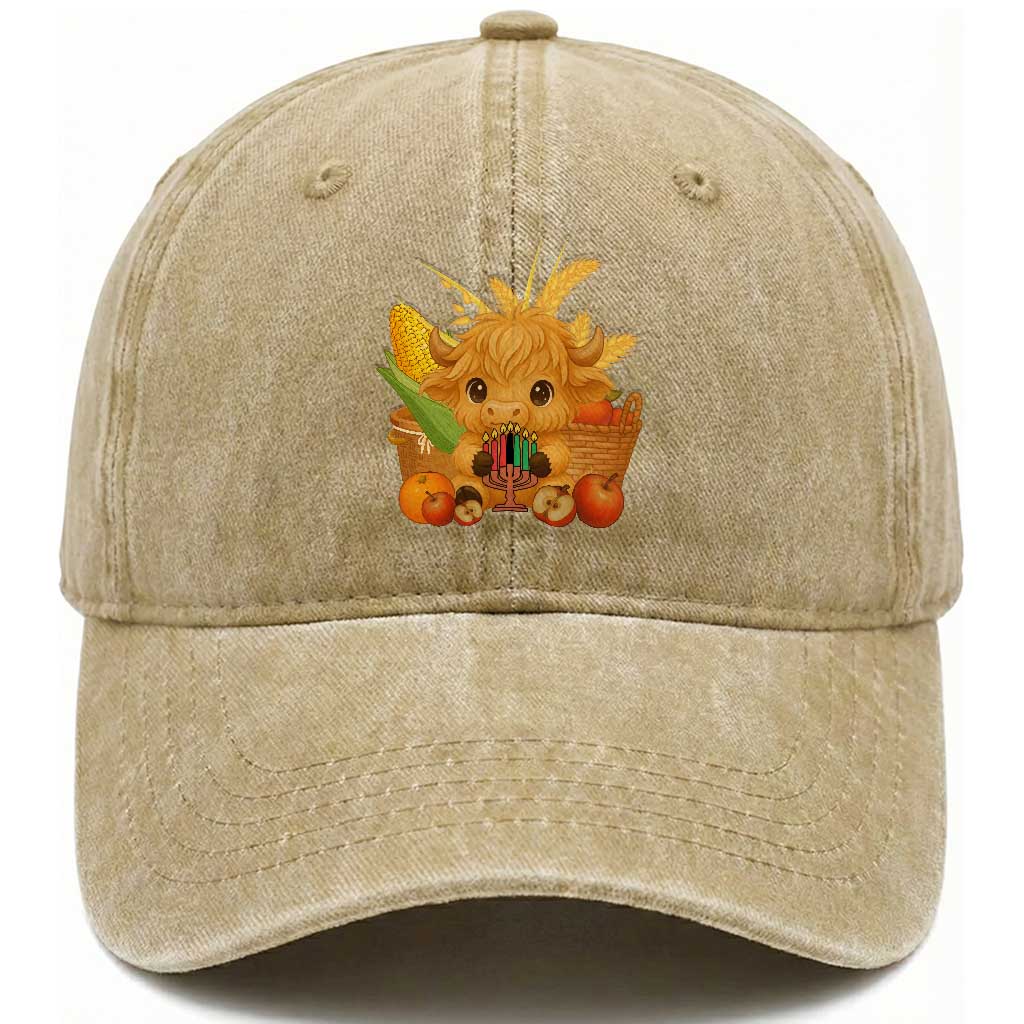 Cute Highland Cow With Kwanzaa Kinara And Presents Washed Cotton Baseball Cap African Heritage Gift TS12 Print Your Wear