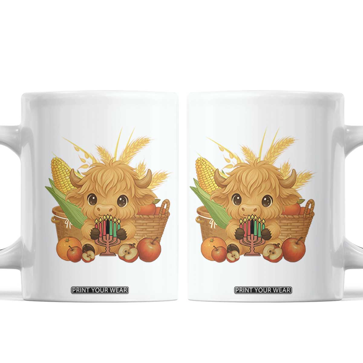 Cute Highland Cow With Kwanzaa Kinara And Presents Coffee Mug African Heritage Gift TS12 White Print Your Wear