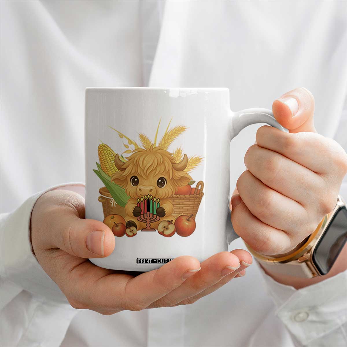 Cute Highland Cow With Kwanzaa Kinara And Presents Coffee Mug African Heritage Gift TS12 Print Your Wear