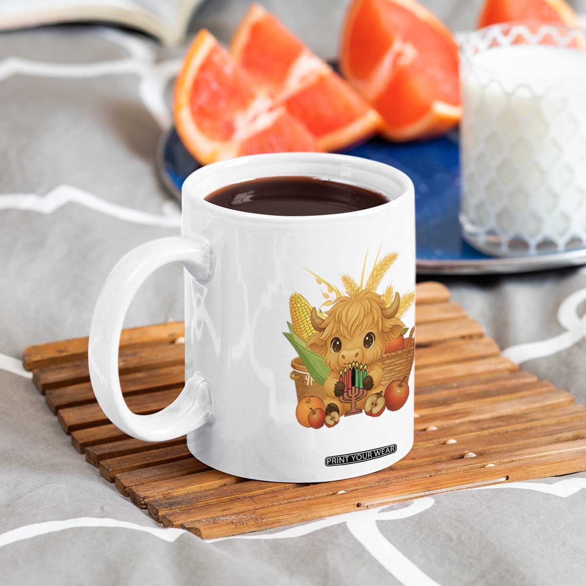 Cute Highland Cow With Kwanzaa Kinara And Presents Coffee Mug African Heritage Gift TS12 Print Your Wear