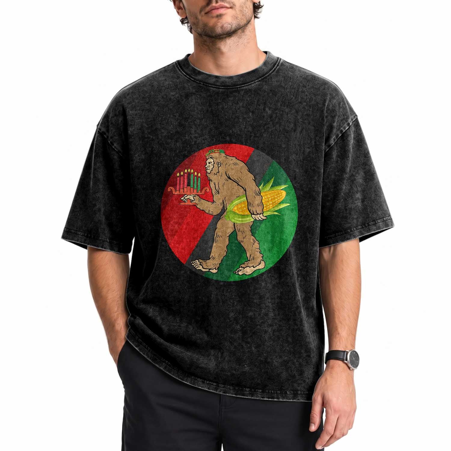 African American Holiday Gift Washed Cotton T-Shirt Retro Sunset Bigfoot With Kwanzaa Candle