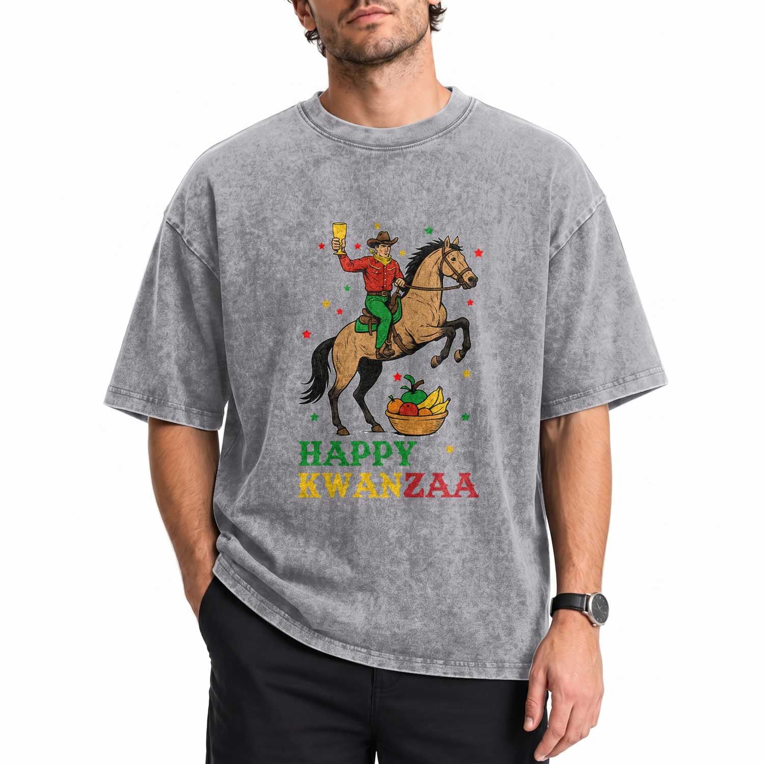 Happy Kwanzaa Cowboy Washed Cotton T-Shirt Funny African Holiday Gift