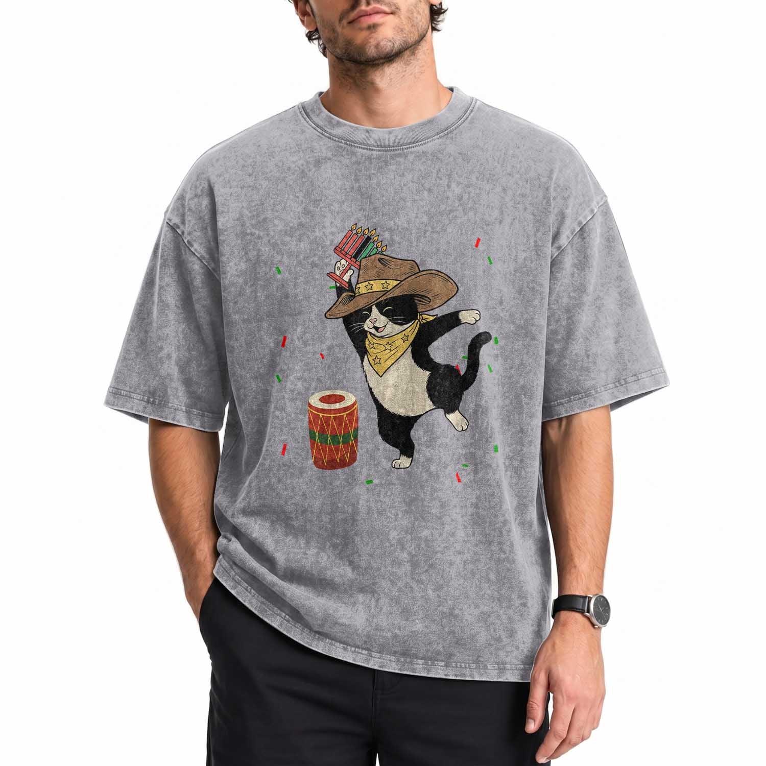 Funny Kwanzaa Cowcat Dance Washed Cotton T-Shirt Festival Of Lights African Heritage Gift