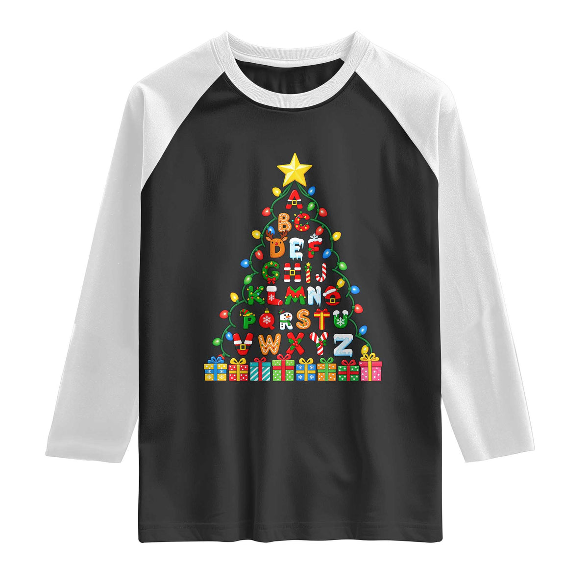 Funny Alphabet Christmas Tree Raglan Shirt Kindergarten Teacher Holiday Gift