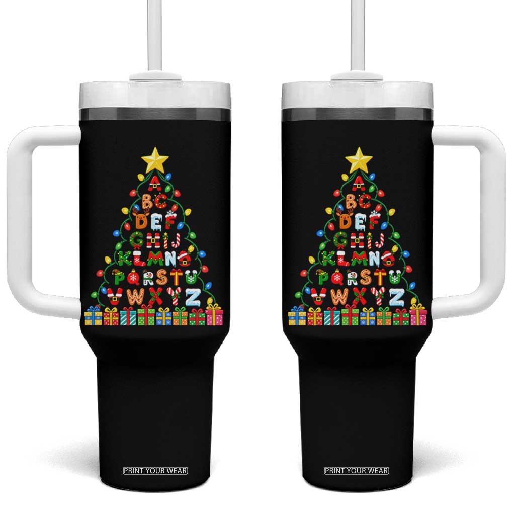 Funny Alphabet Christmas Tree Tumbler With Handle Kindergarten Teacher Holiday Gift