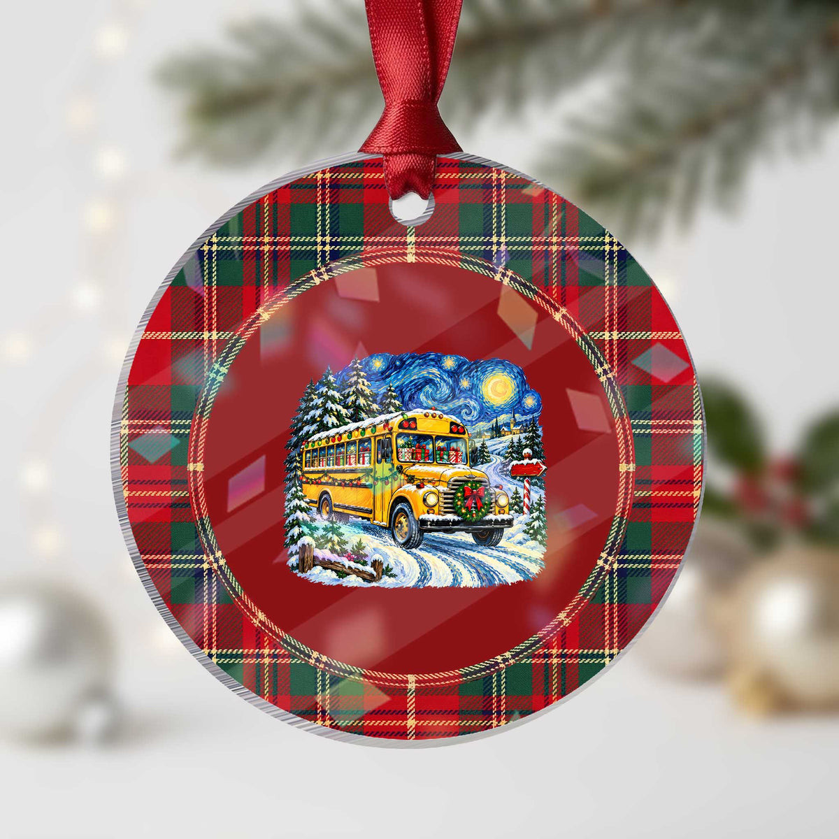 Starry Night Christmas School Bus Holographic Acrylic Ornament Bus Driver Gift