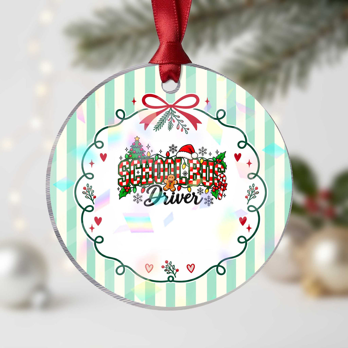 School Bus Driver Christmas Holographic Acrylic Ornament Transportation Appreciation Gift