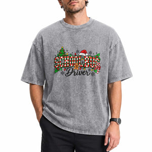 School Bus Driver Christmas Washed Cotton T-Shirt Transportation Appreciation Gift