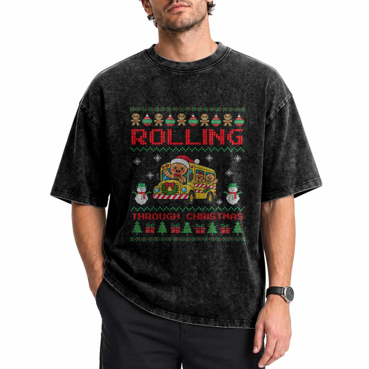 Funny Gingerbread School Bus Driver Washed Cotton T-Shirt Rolling Through Christmas Gift