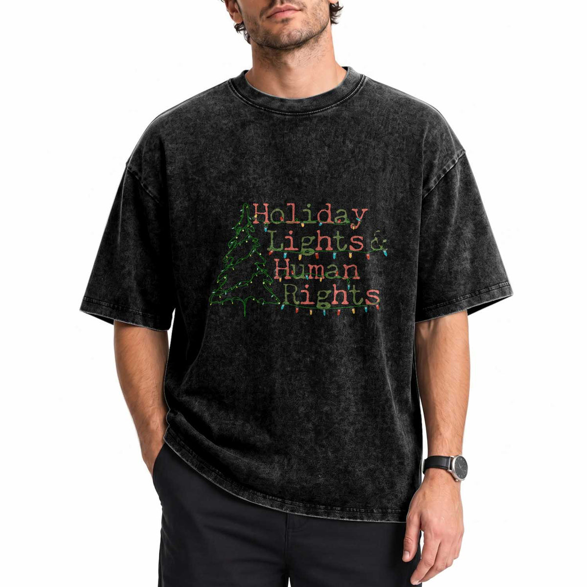 Xmas Holiday Lights And Human Rights Washed Cotton T-Shirt Equality Supporter Gift