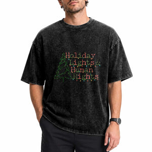 Xmas Holiday Lights And Human Rights Washed Cotton T-Shirt Equality Supporter Gift