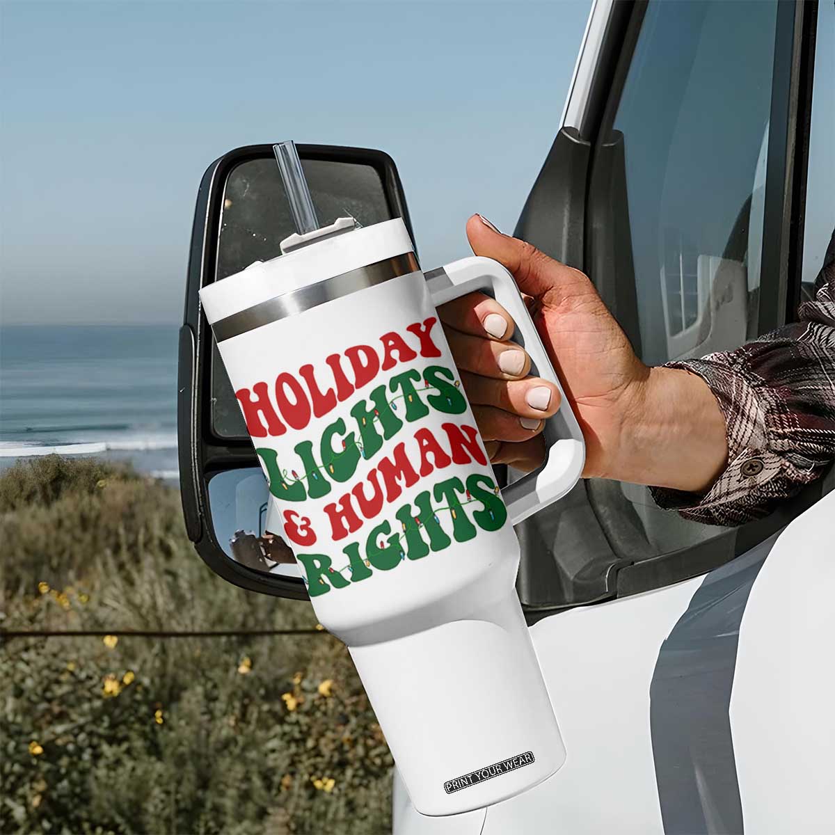 Holiday Lights And Human Rights Tumbler With Handle Supporter Gift For Civil Rights TS12 Print Your Wear