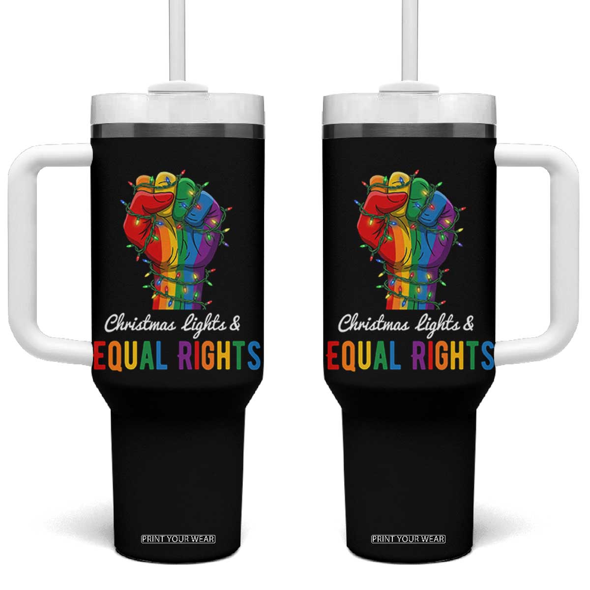 Christmas Lights Equal Rights Tumbler With Handle LGBT Hands Supporter Gift TS12 One Size: 40 oz Black Print Your Wear