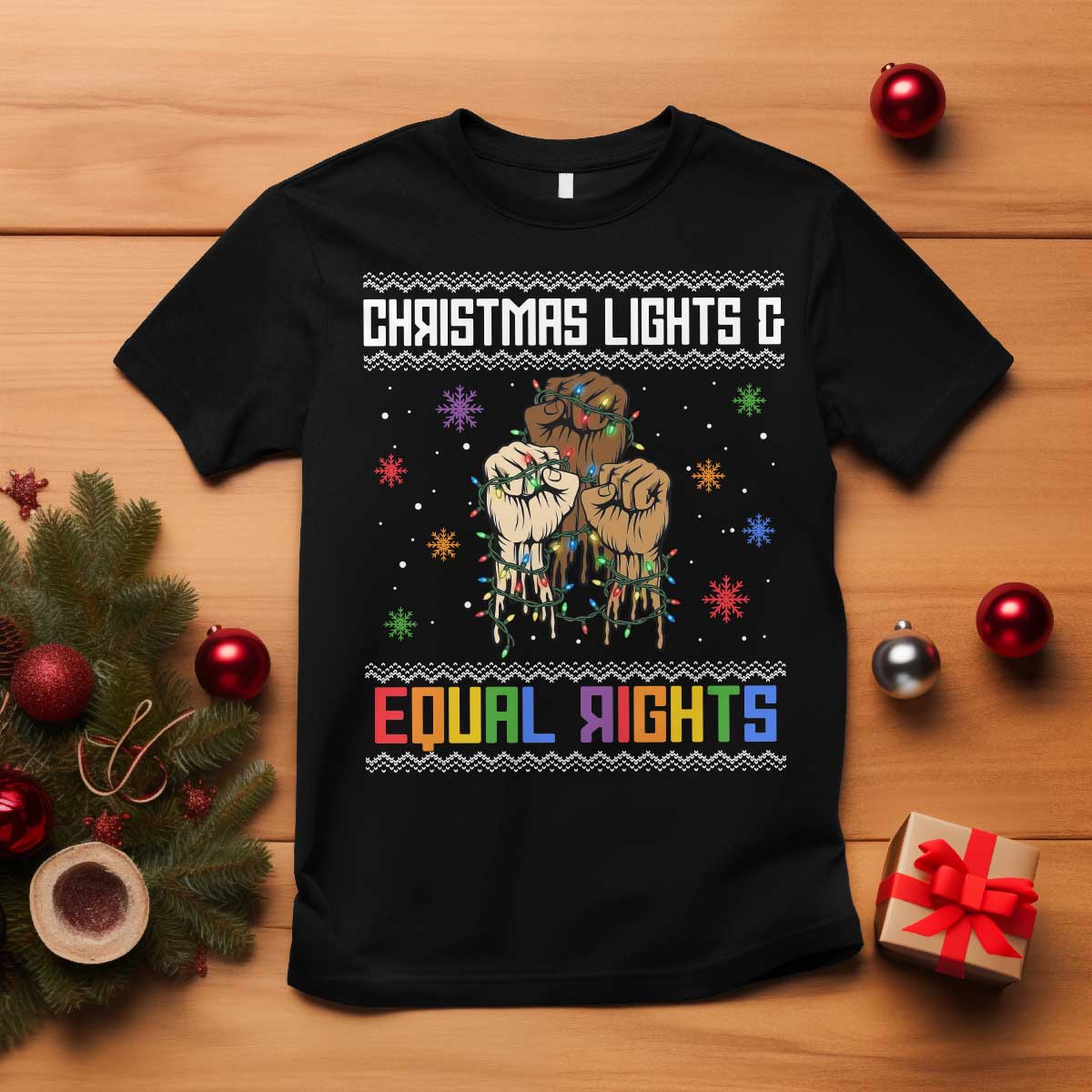 Christmas Lights And Equal Rights Ugly Sweater T Shirt Xmas Activism Gift TS12 Black Print Your Wear